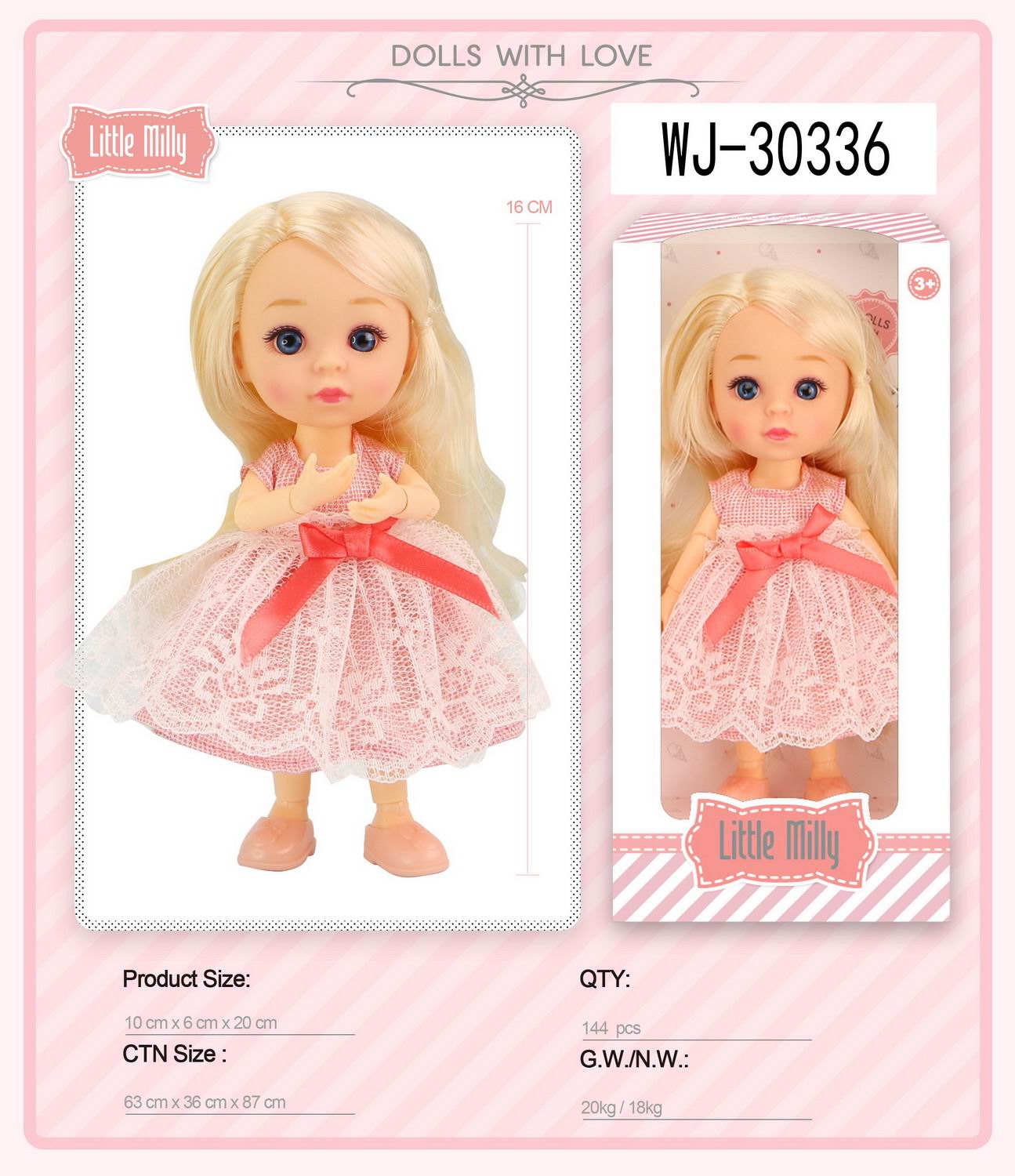 Кукла Junfa 16см Малышка-милашка в розовом ажурном кружевном платье с красным бантом кукла коллекционная керамика тося в платье с мелкими очками с бантом в волосах 30 см