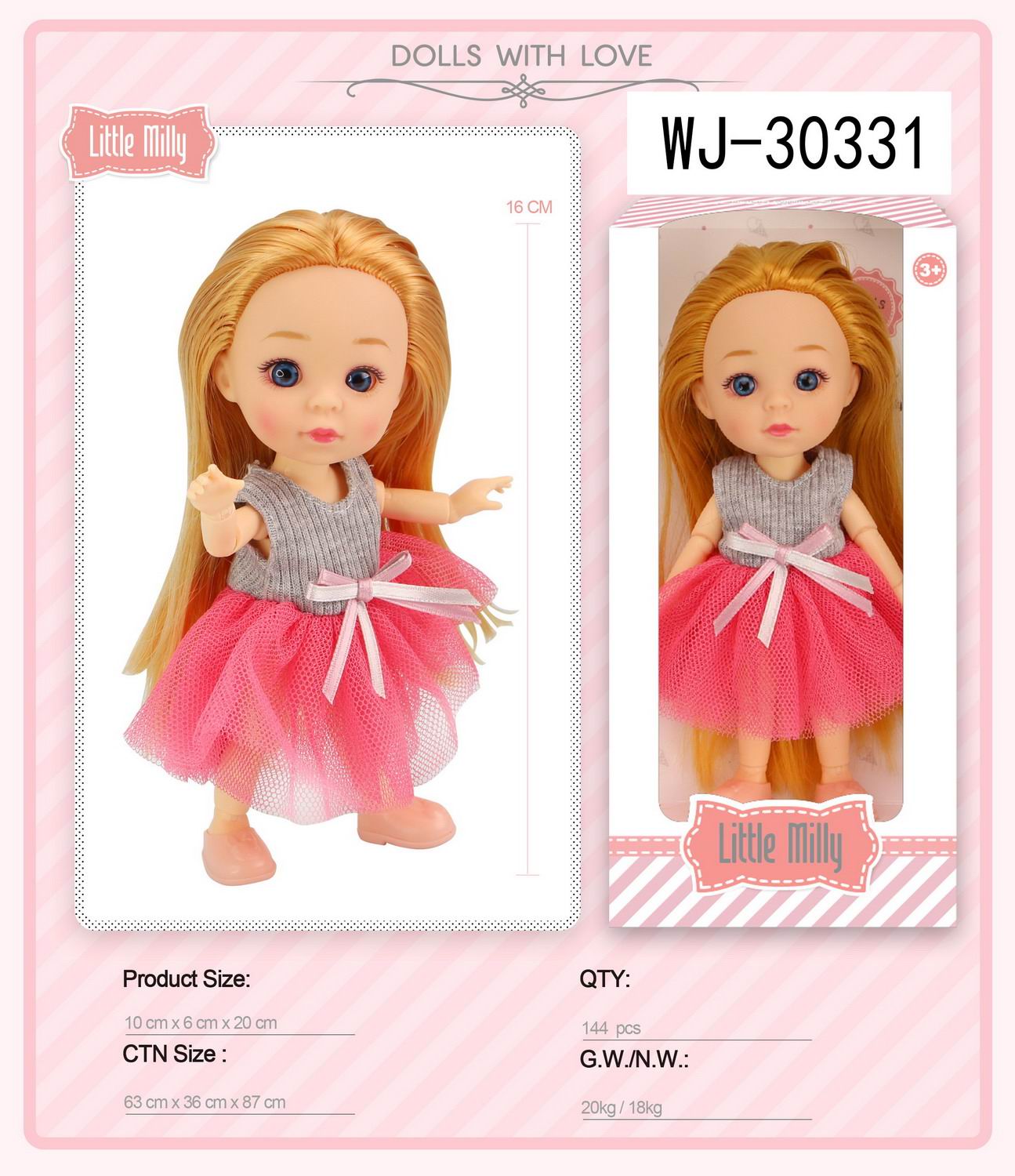 Кукла Junfa 16см Малышка-милашка в серо-розовом платье с бантом кукла коллекционная керамика тося в платье с мелкими очками с бантом в волосах 30 см