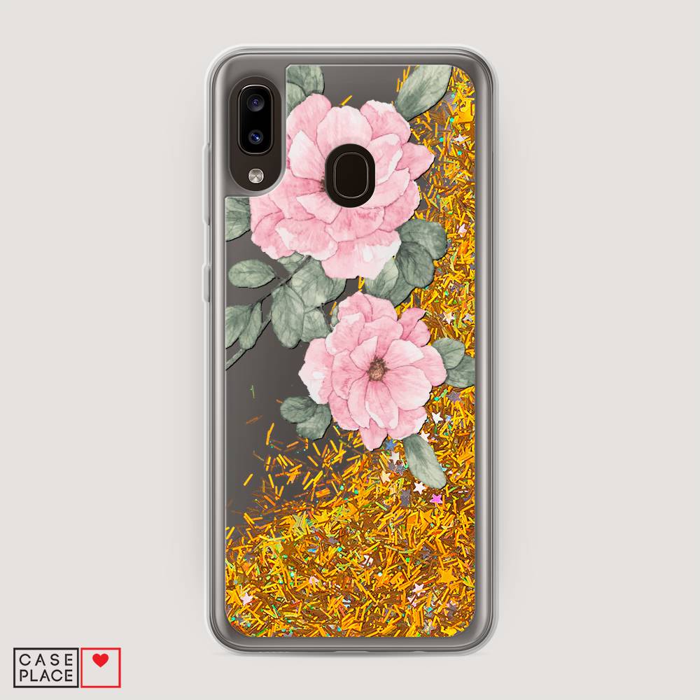 

Жидкий чехол с блестками "Акварельные розовые цветы" на Samsung Galaxy A30, 27590-1