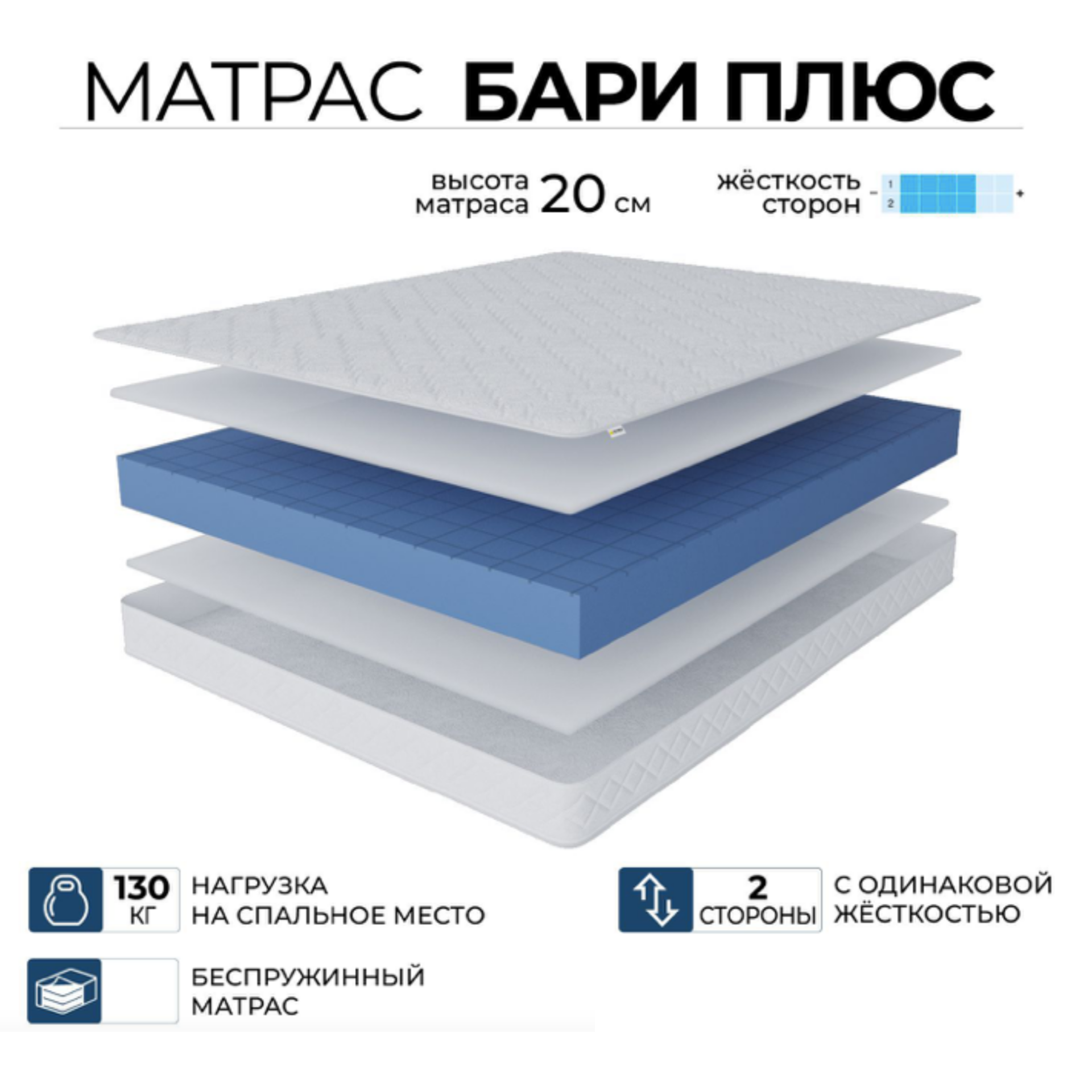 

Ортопедический матрас Beneli Бари плюс, беспружинный, гипоаллергенный, 140х190, Белый, Бари
