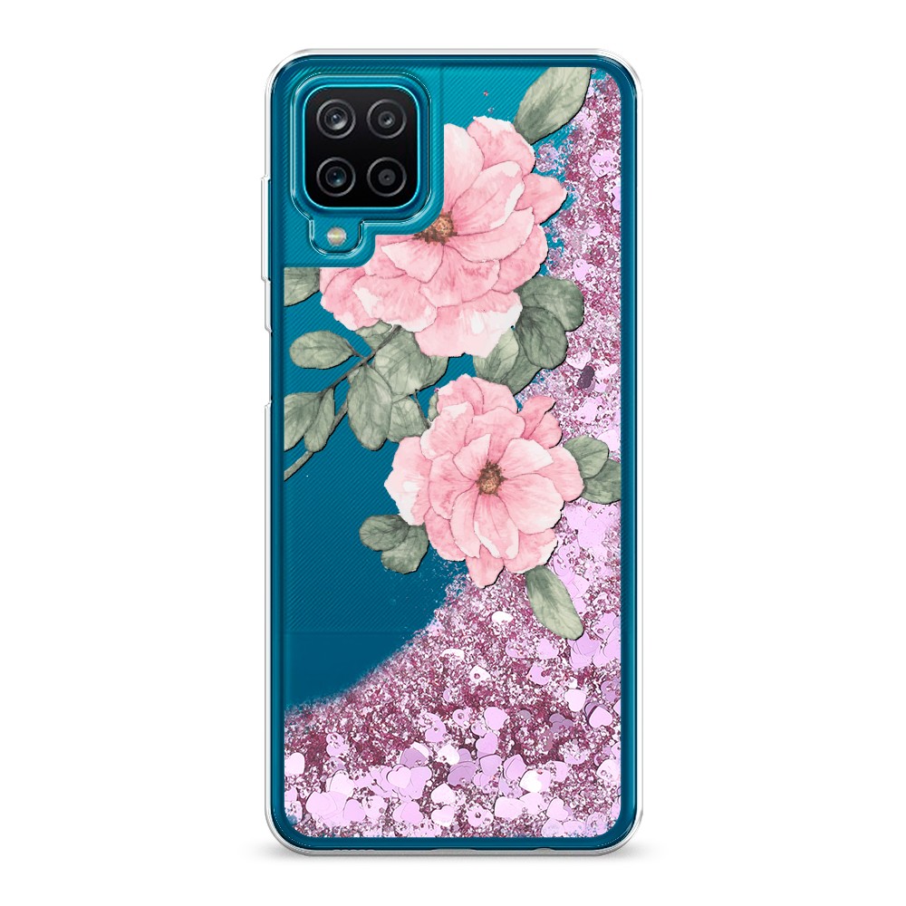 

Жидкий чехол с блестками "Акварельные розовые цветы" на Samsung Galaxy A12