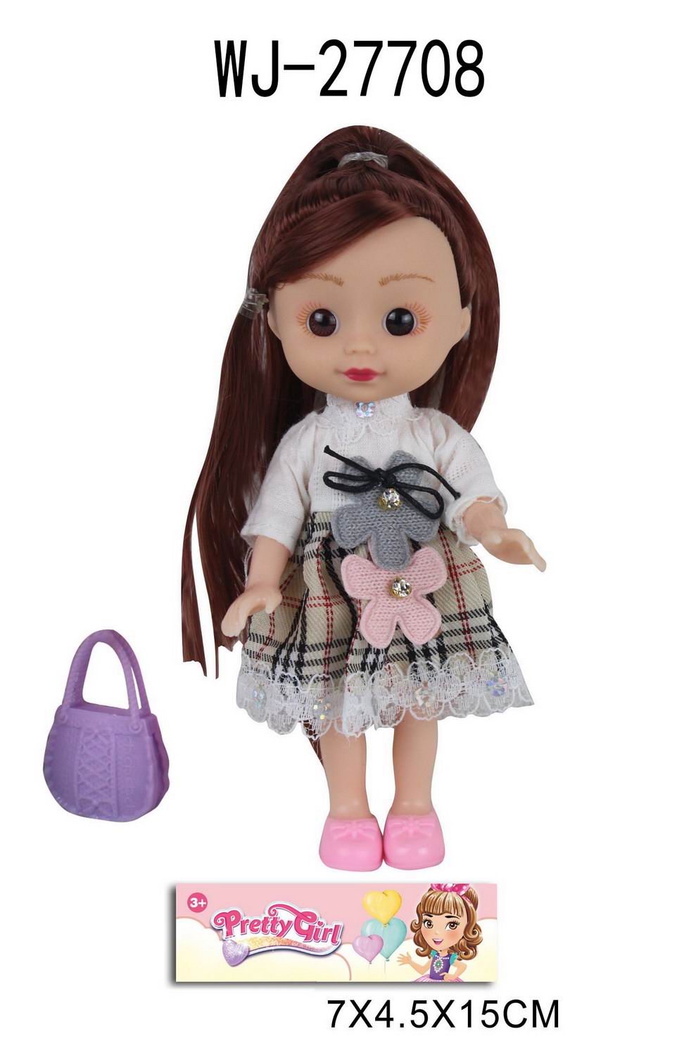 Кукла Junfa 16 см с сумочкой в платье с белым верхом и юбкой-шотландкой кукла интерьерная девочка в платье с пайетками с сердцем в руках 75х10х13 см