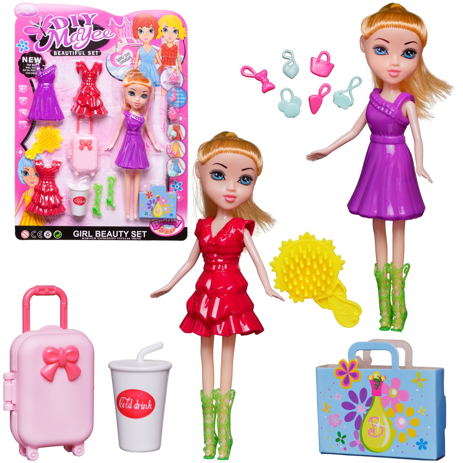 Кукла Junfa 23 см с 2 платьями красным и фиолетовым в сапожках с игровыми предметами