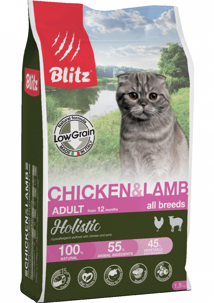 

Blitz Holistic Cat All Breeds Chicken & Lamb (Low Grain) (1.5 кг)