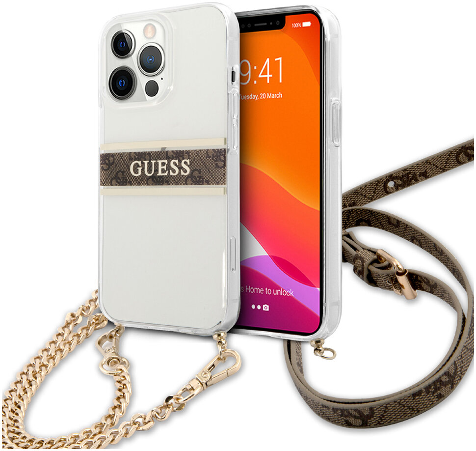 фото Чехол cg mobile guess pc/tpu 4g stripe hard + gold crossbody chain для iphone 13 pro max