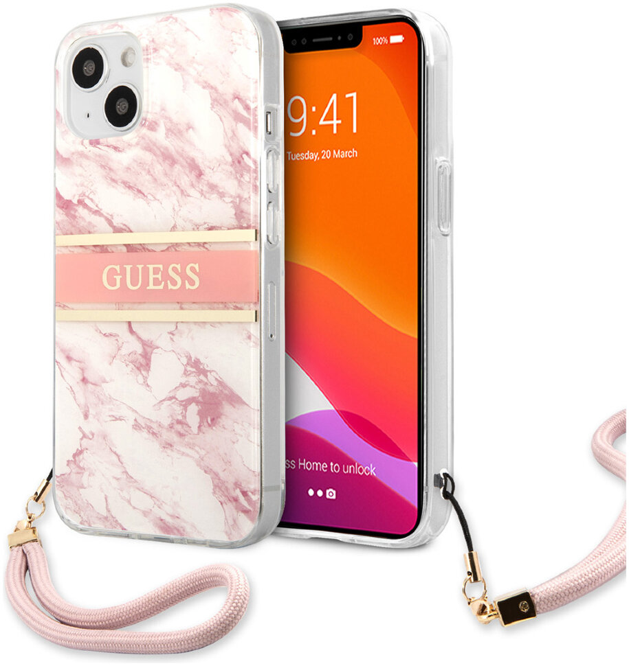 фото Чехол cg mobile guess pc/tpu marble hard + nylon hand cord для iphone 13 guhcp13mkmabpi