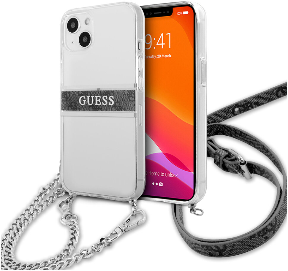 фото Чехол cg mobile guess pc/tpu 4g stripe hard + silver crossbody chain для iphone 13