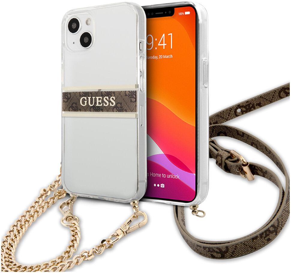 фото Чехол cg mobile guess pc/tpu 4g stripe hard + gold crossbody chain для iphone 13