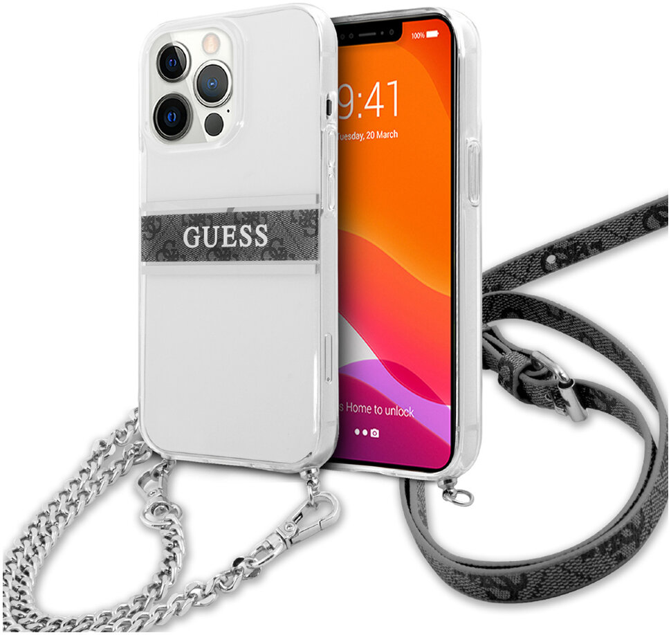 фото Чехол cg mobile guess pc/tpu 4g stripe hard + silver crossbody chain для iphone 13 pro