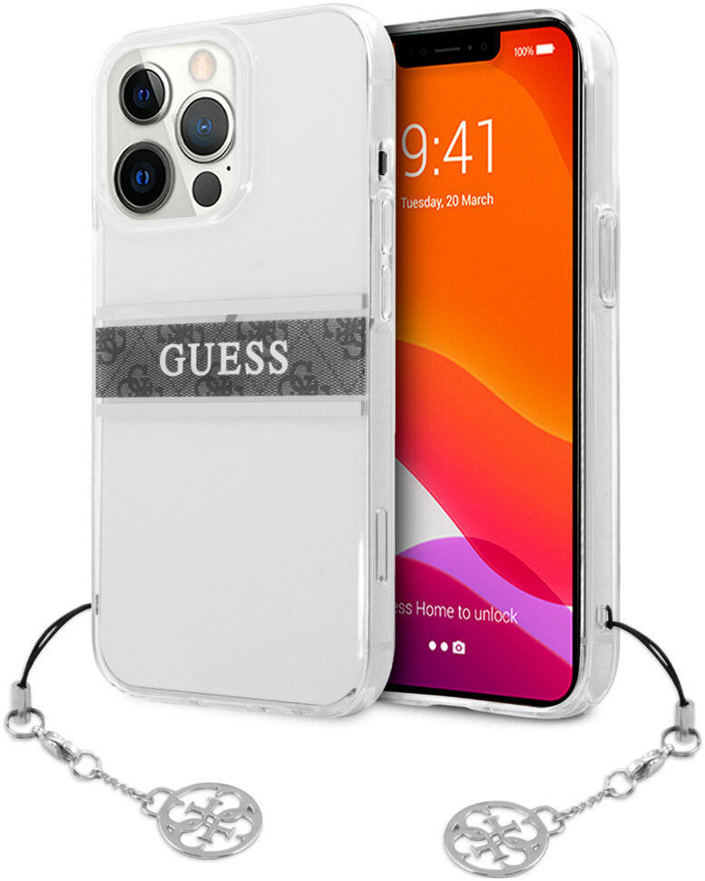 

Чехол Guess PC/TPU 4G Stripe Hard + Silver charm для iPhone 13 Pro, Прозрачный, PC/TPU 4G Stripe Hard + Silver charm