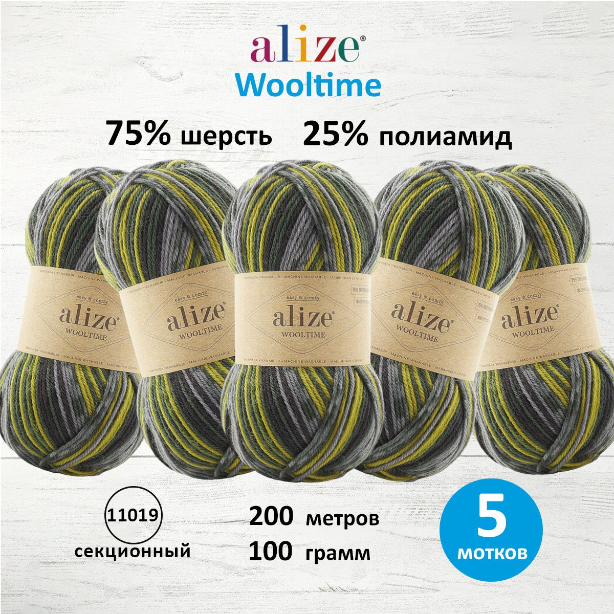 

Пряжа для вязания ALIZE Wooltime 100г, 200м (11019 секционный), 5 мотков, Разноцветный, 7736385