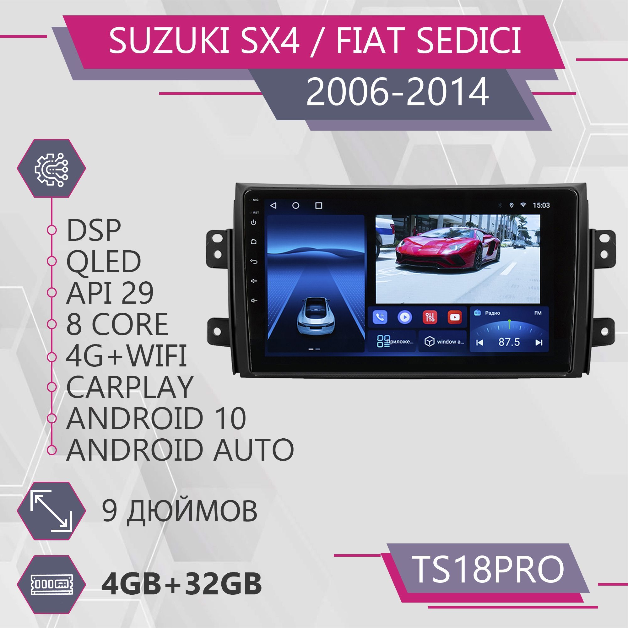 Магнитола Точка Звука TS18Pro для Suzuki SX4 Fiat Sedici/ Сузуки Фиат 4+32GB 2din