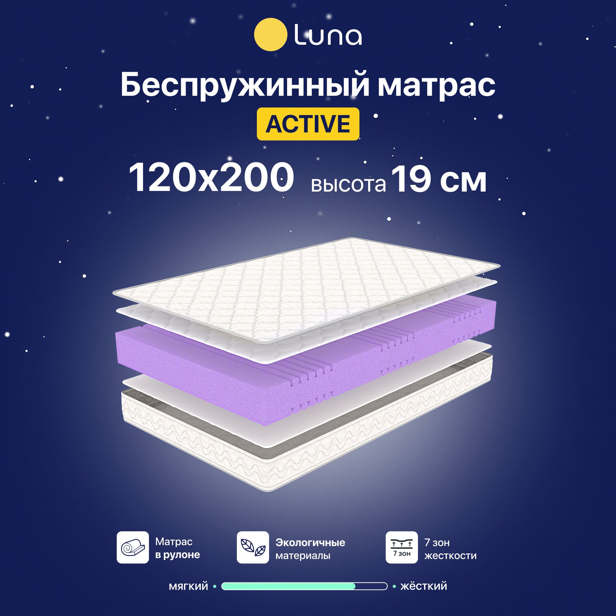 Ортопедический матрас Luna Active 120х200 см беспружинный высота 19 см 12390₽