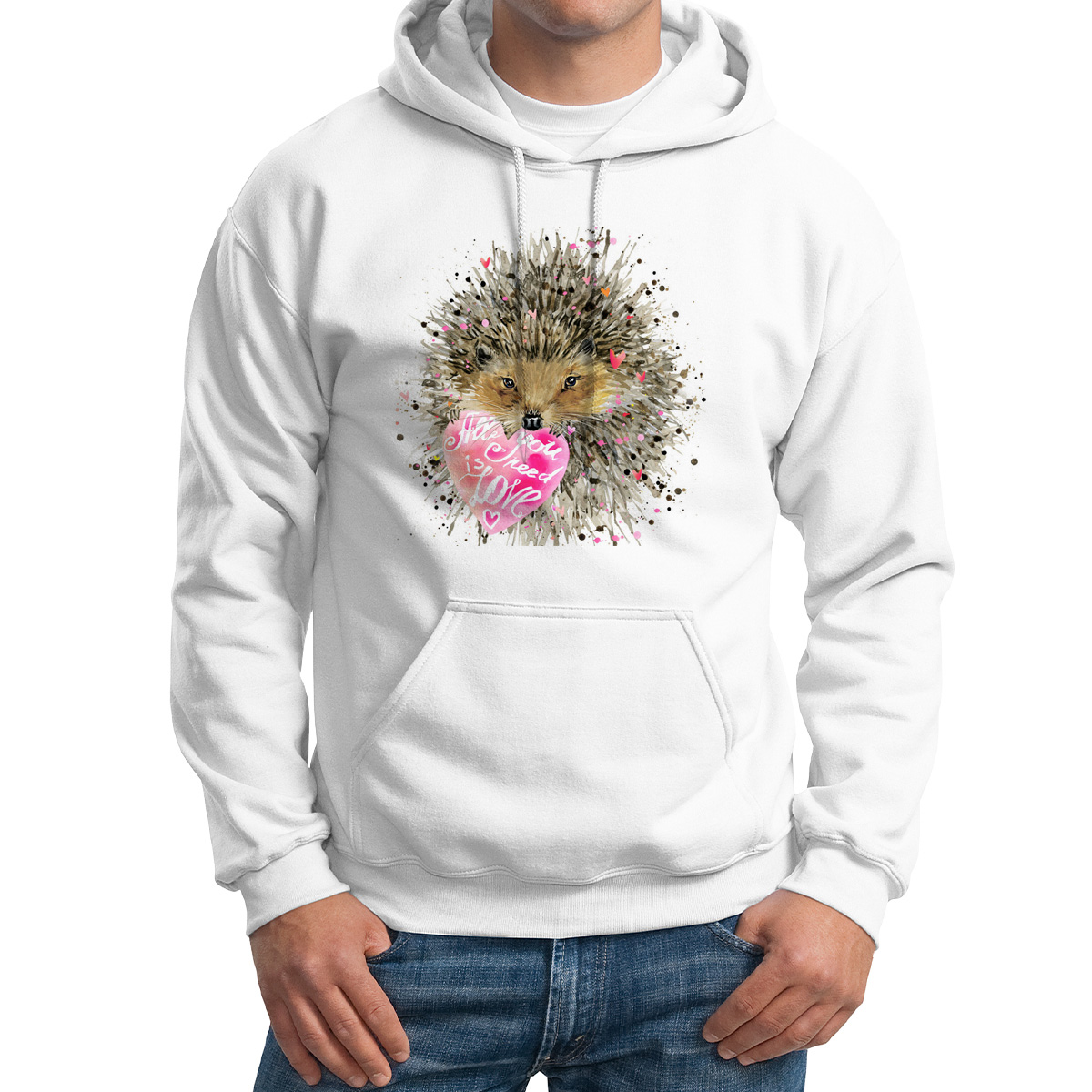 

Худи унисекс CoolPodarok Краски All you need is love Ежик белое 48 RU, 8M015143