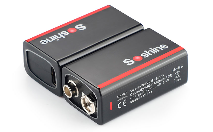 Комплект из 2 аккумуляторов Soshine 9V USB Li-ion 500mAh с USB-C зарядкой и кабелем