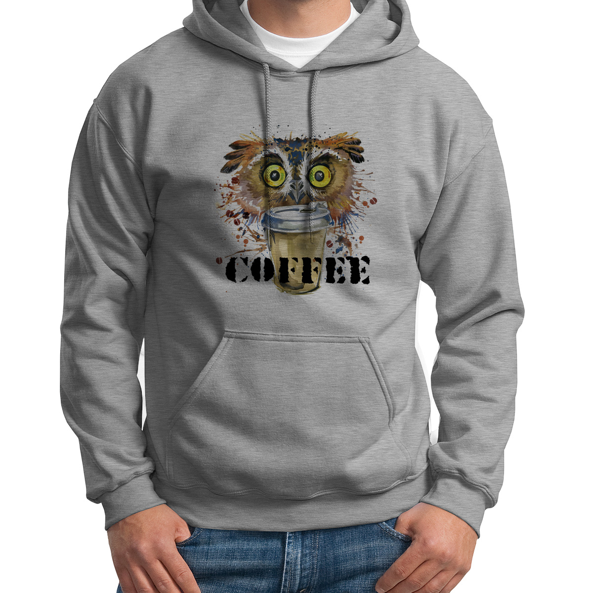 

Худи унисекс CoolPodarok Краски Сова с кофе Cofee серое 44 RU, Серый, 4S015479