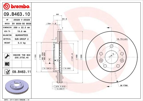 

Тормозной диск brembo комплект 1 шт. 09B46311