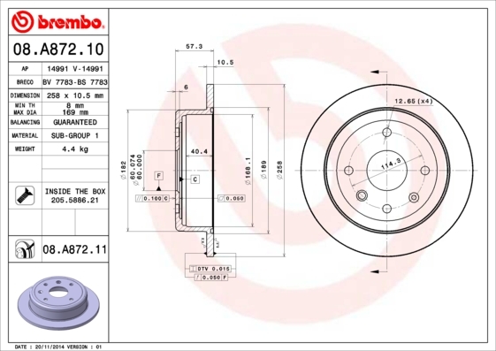 

Тормозной диск brembo задний для Chevrolet Lacetti 2003-, Nubira 2005- 08.A872.10