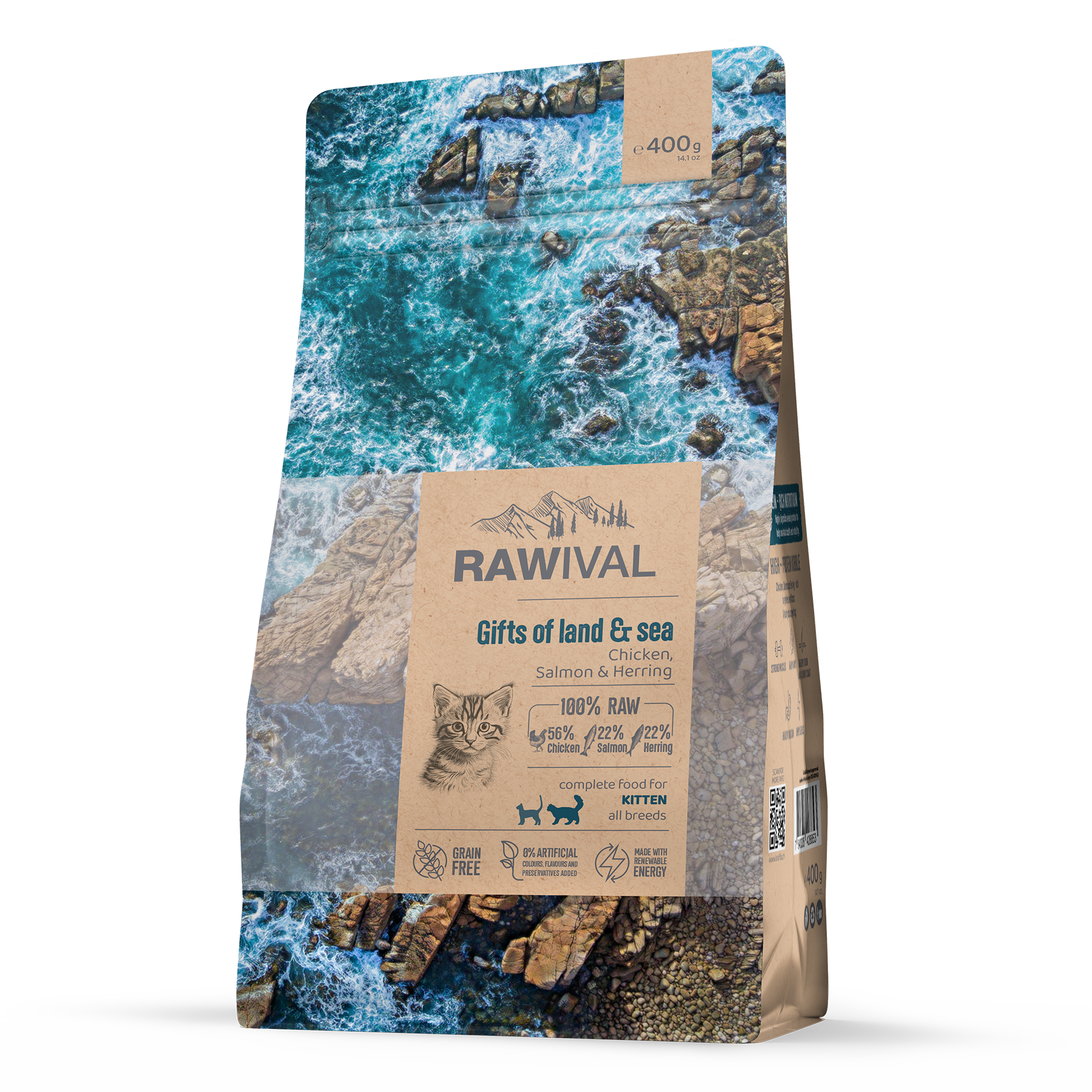 Сухой корм для котят RAWIVAL Gifts of Land & Sea, курица и рыба, 0,4 кг