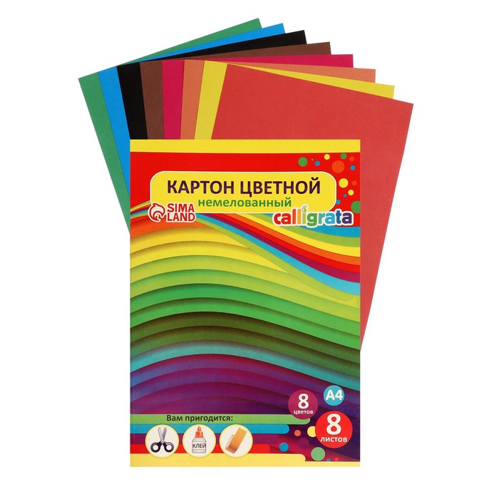 

Картон цветной А4, 8 листов, 8 цветов "Графика", немелованный 220 г/м2, в папке, Разноцветный
