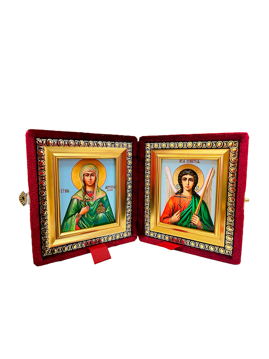 Икона Складень Миропия Хиосская, Мученица и Ангел Хранитель в бархатном футляре