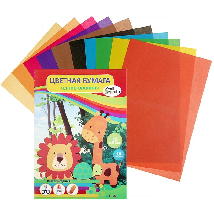 

Бумага цветная А4, 10 листов, 10 цветов "Зверята в джунглях", газетная, в папке, Разноцветный
