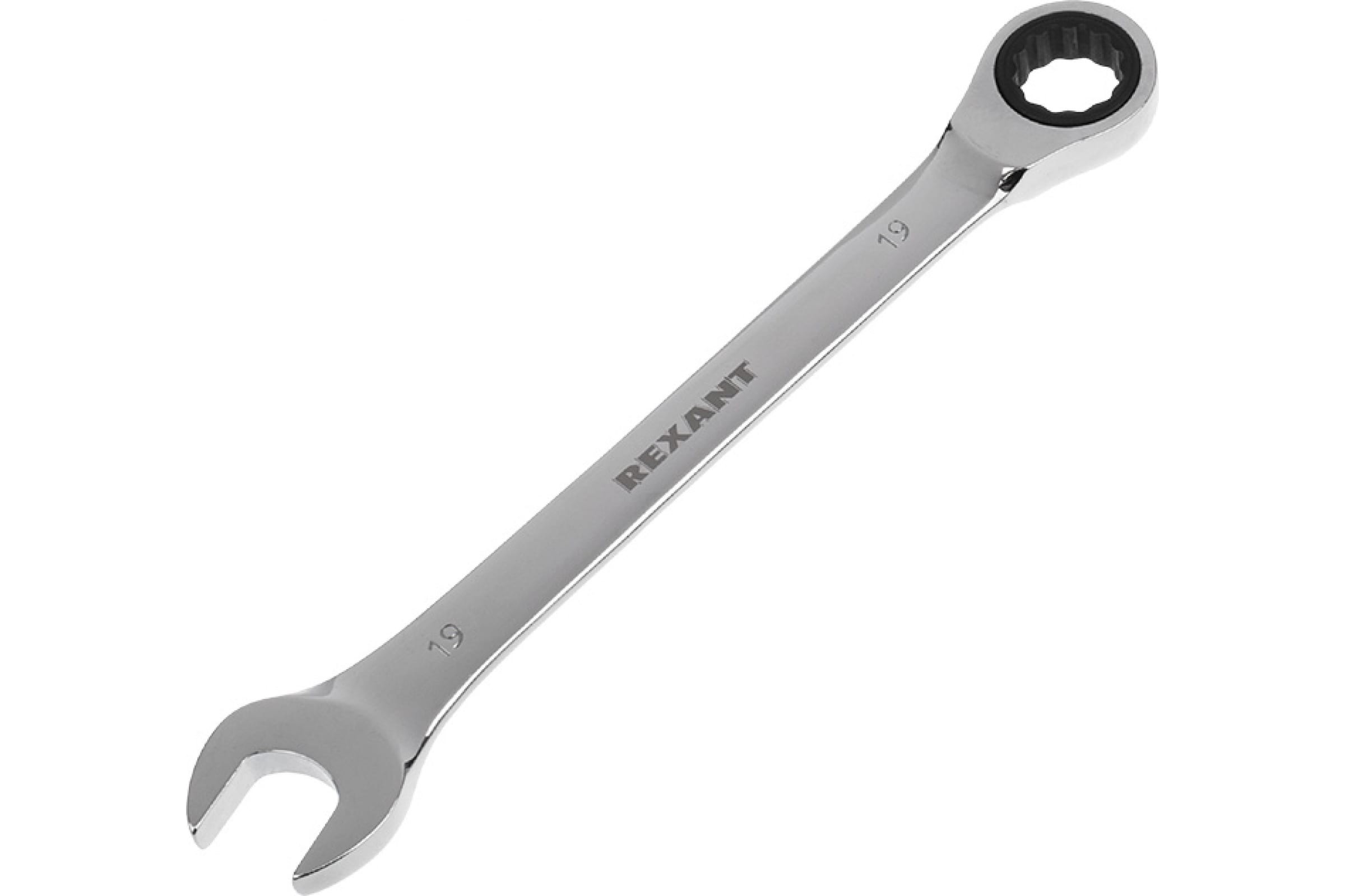 Ключ комбинированный трещоточный Rexant 19 мм, CrV, зеркальный хром