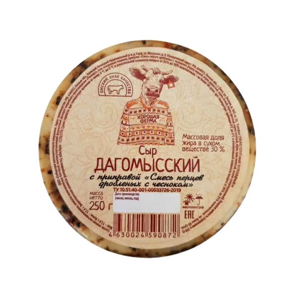 

Сыр полутвердый Хорошая Ферма Дагомысский Смесь перцев дробленых с чесноком 30% 250 г