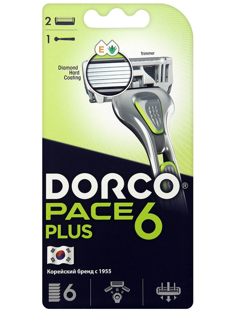 Набор Dorco Pace Plus: станок для бритья, 2 сменные кассеты с 6 лезвиями, триммер