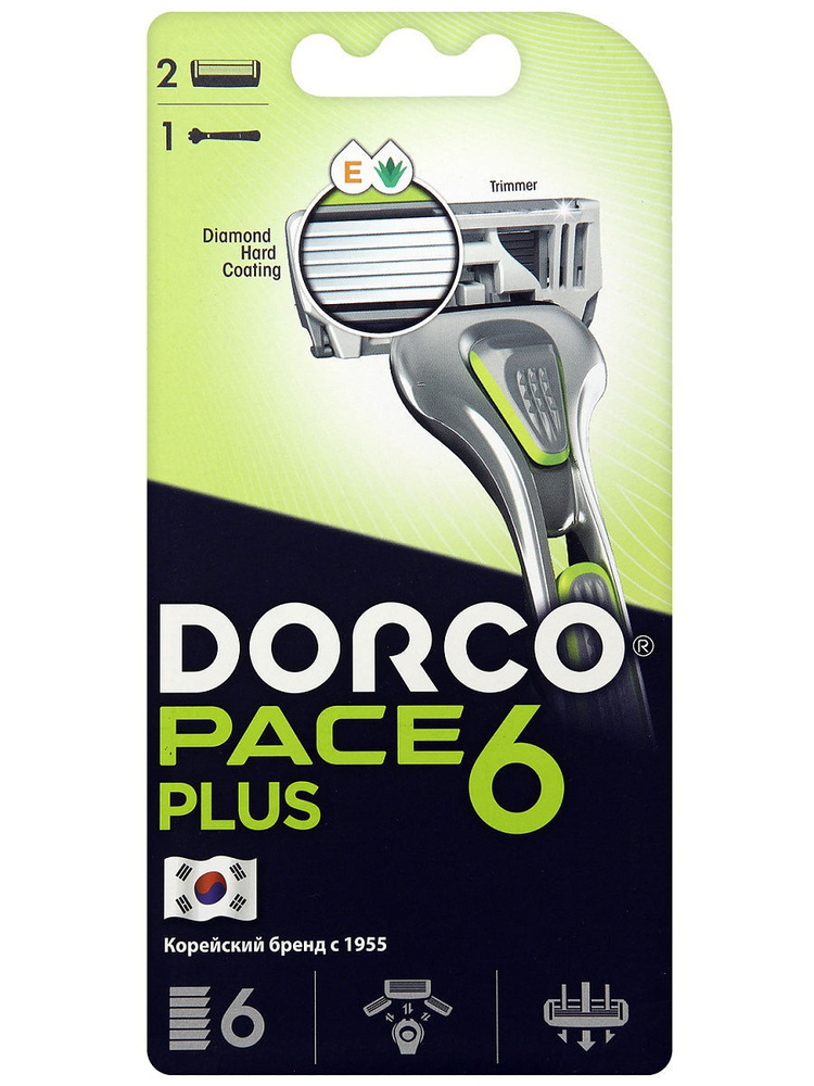 Набор Dorco Pace Plus: станок для бритья, 2 сменные кассеты с 6 лезвиями, триммер toptech одноразовый станок с 2 лезвиями 5