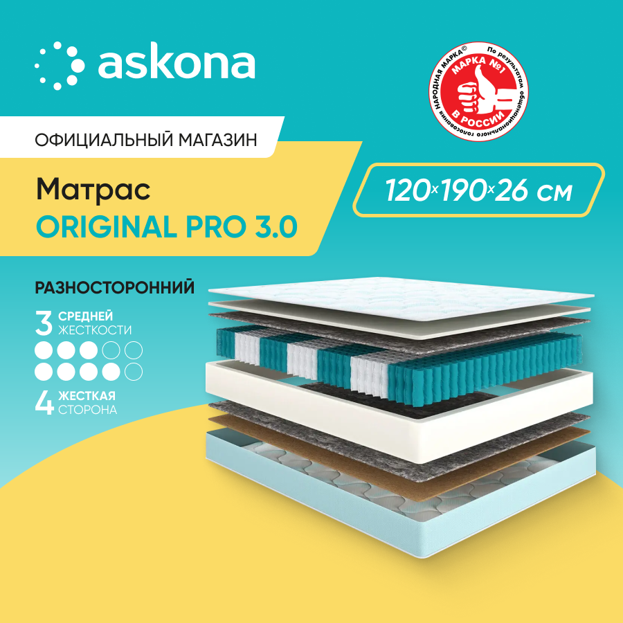 

Матрас анатомический Аскона Original Pro 3.0 120x190, Белый, Original Pro 3.0