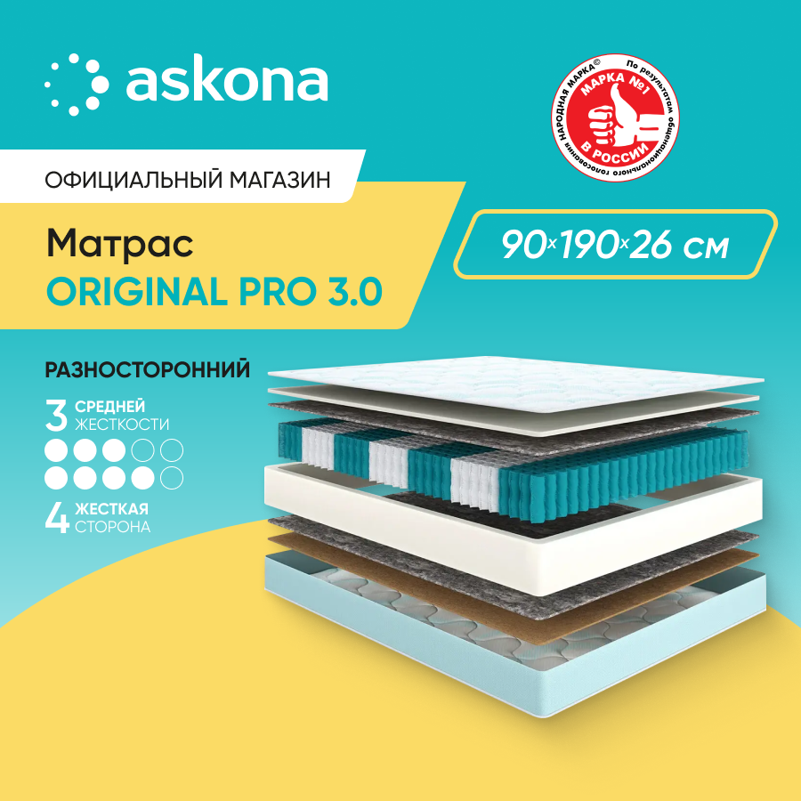 

Матрас анатомический Аскона Original Pro 3.0 90x190, Белый, Original Pro 3.0