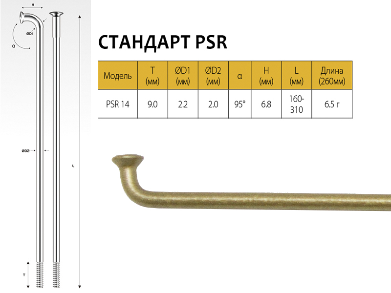 фото Велосипедные спицы pillar psr 14, 285 мм, золотистые