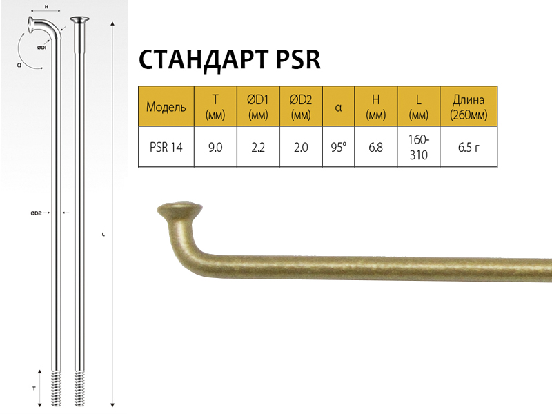 фото Велосипедные спицы pillar psr 14, 252 мм, золотистые