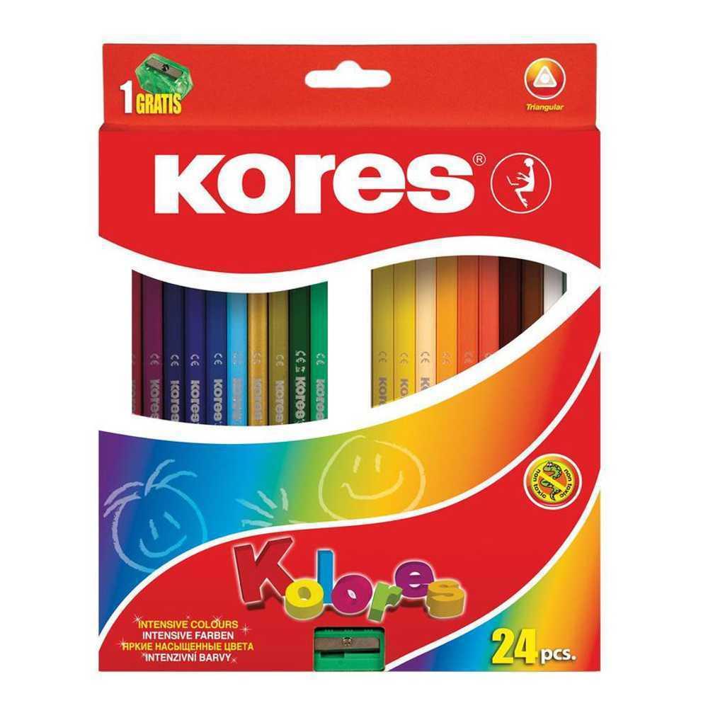 

Карандаши цветные Kores трехгранные, с точилкой, 24 цвета, Разноцветные