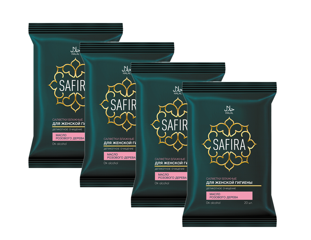 Салфетки влажные Safira для интимной гигиены с маслом розового дерева 20 шт. х 4 уп.