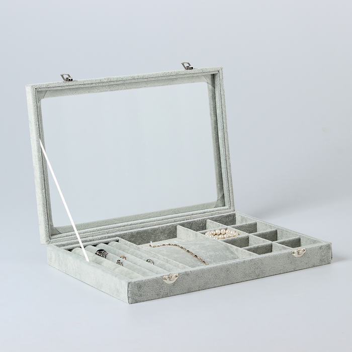 фото Подставка для украшений шкатулка 4 ряда, 6 крючков, 8 ячеек, стекл крышка, цвет серый nobrand