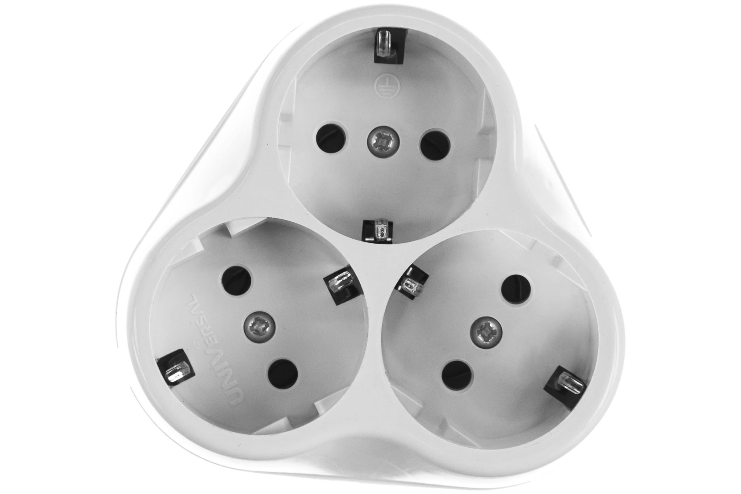 

Тройник на 3 гнезда с заземлением круглый 16А | код. АК303 | Универсал ( 1шт. ), Белый