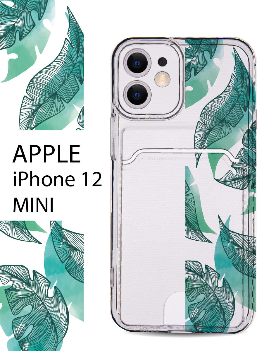 

Чехол на Apple iPhone 12 Mini с карманом для банковской карты и принтом, Зеленый;черный, Apple iPhone 12 Mini