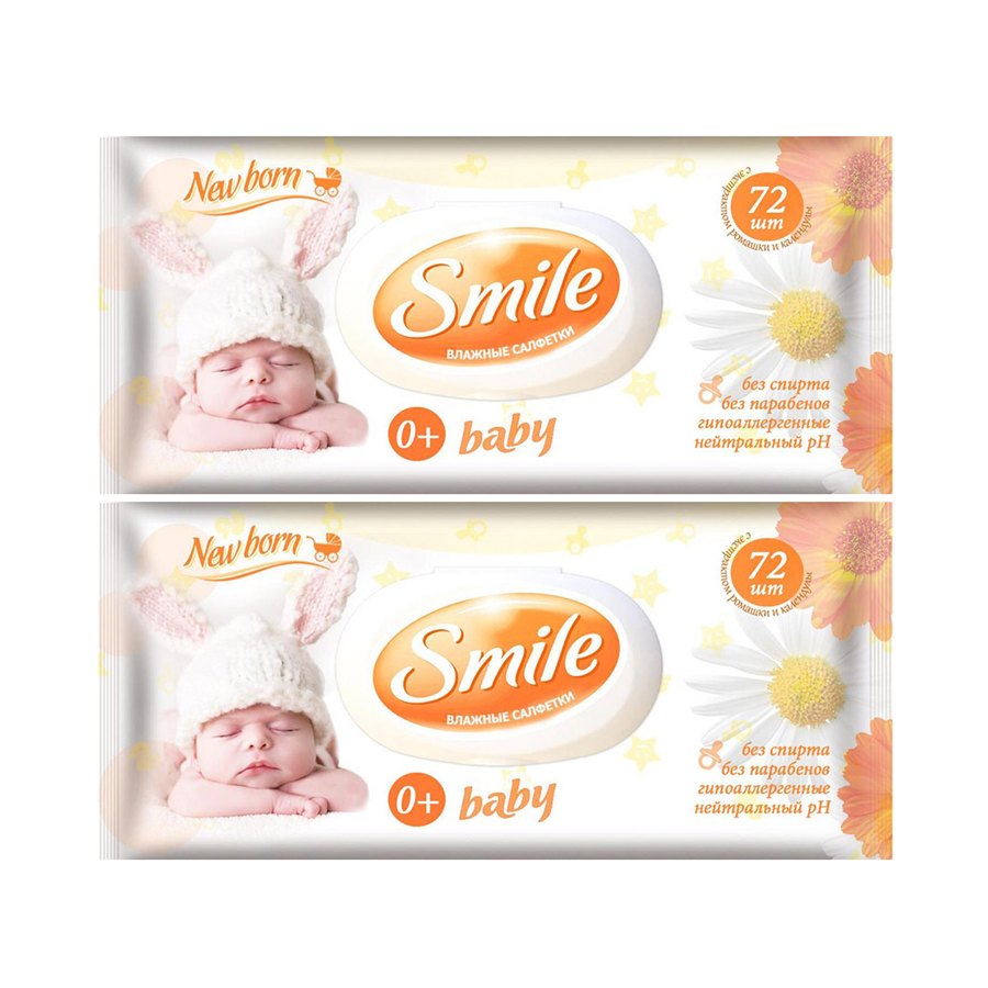 фото Влажные салфетки smile baby new born экстракт ромашки и календулы, 72 шт.