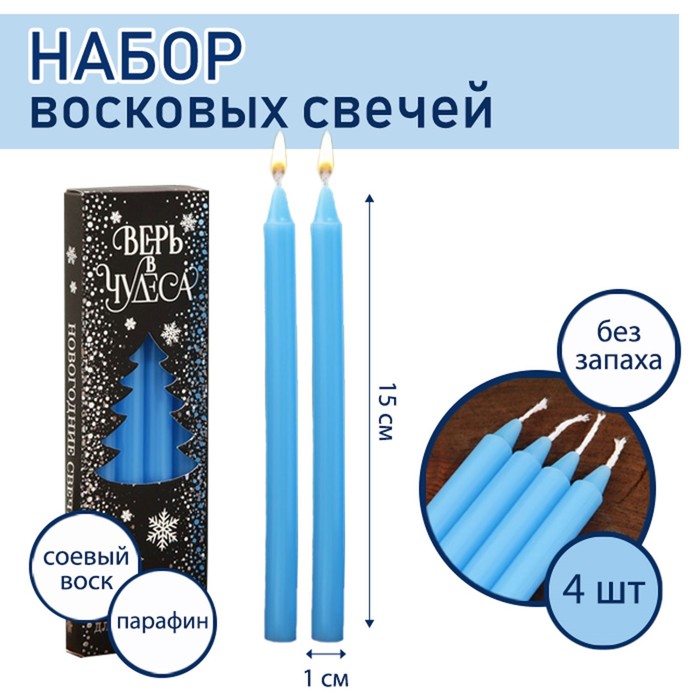фото Зимнее волшебство набор восковых свечей верь в чудеса, 4 шт., голубые, , 10 х 15 х 3 см