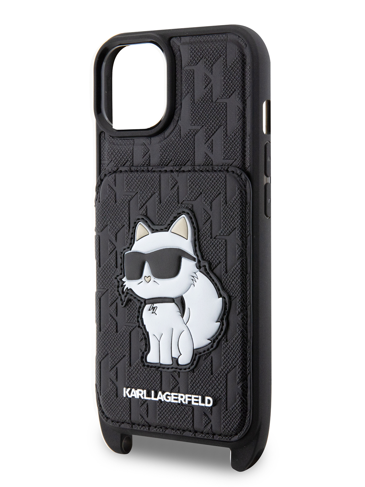 Чехол Karl Lagerfeld для iPhone 15 с ремнем Monogram NFT Choupette Hard Black