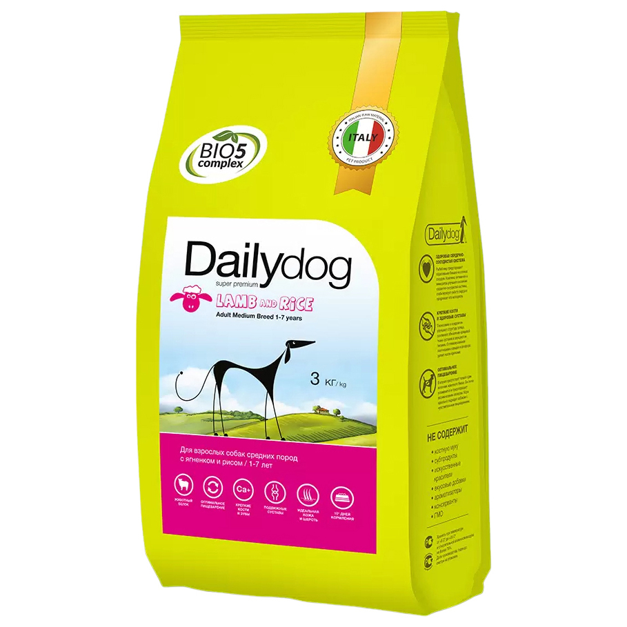 Сухой корм для собак Dailydog Adult Medium Breed, для средних пород, ягненок и рис, 3кг