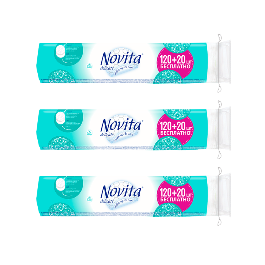 фото Ватные диски novita delicate косметические 120+20 шт. (3 уп. в наборе)