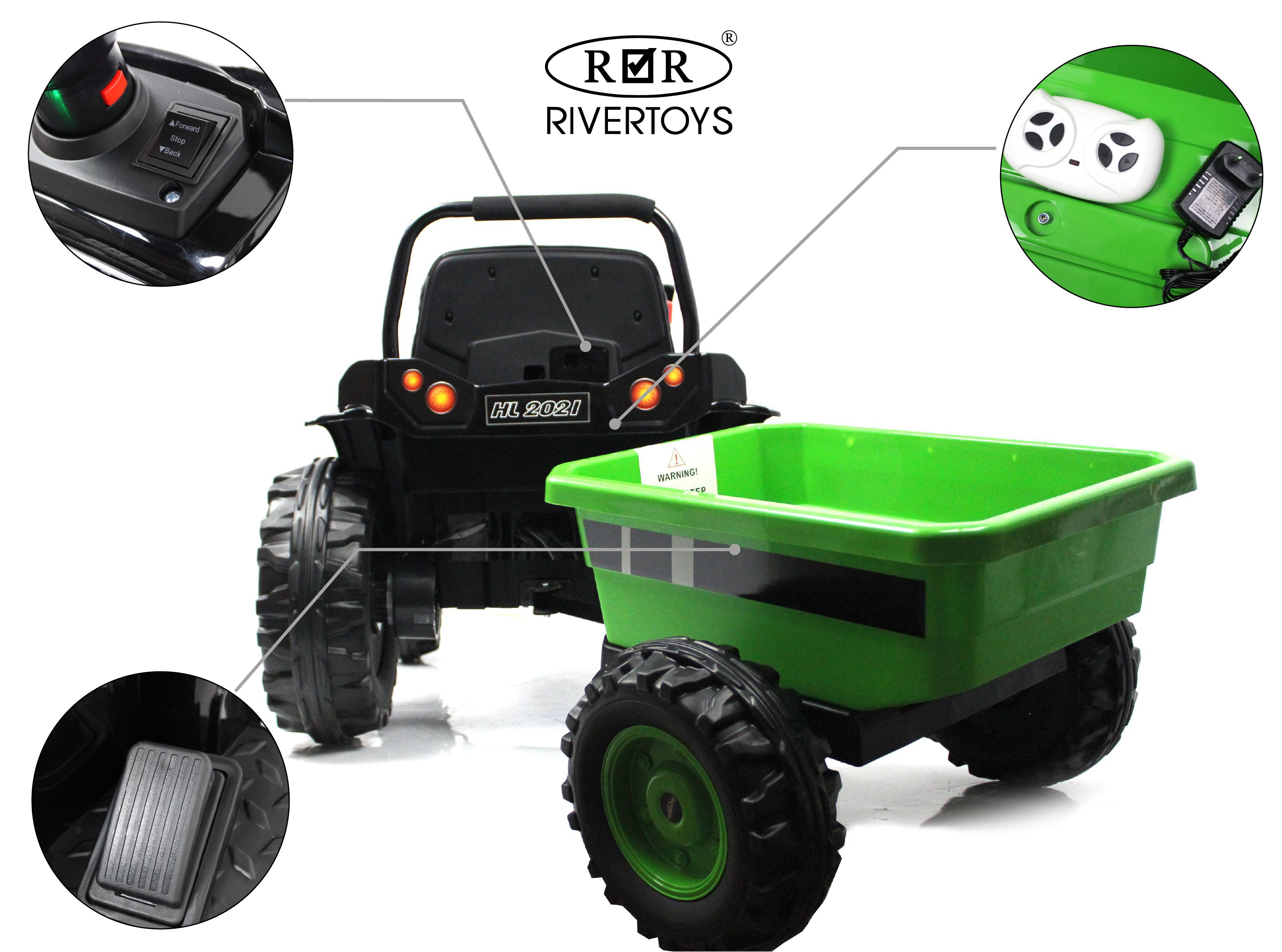 фото Детский электромобиль трактор-погрузчик с прицепом hl395 зеленый rivertoys