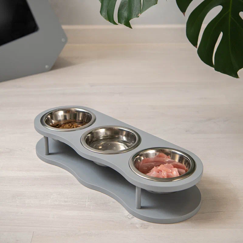 Миска для кошек Котомото тройная, подставка на деревянной основе, сталь, серая, 3x0,26 л