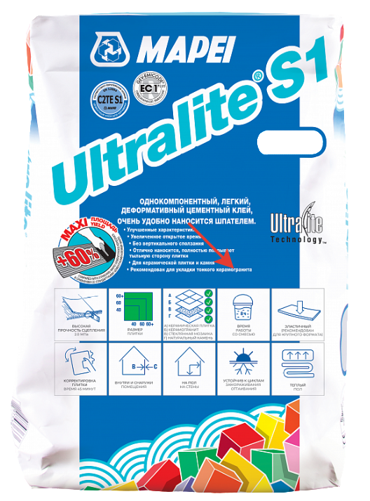 Клей MAPEI Ultralite S1 белый, 15 кг клей для плитки mapei kerabond t r 25 кг
