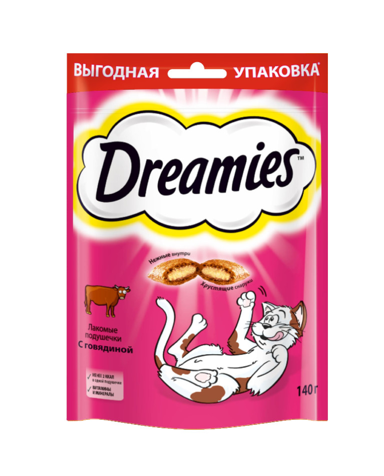 фото Лакомство для кошек dreamies, лакомые подушечки с говядиной, 140г