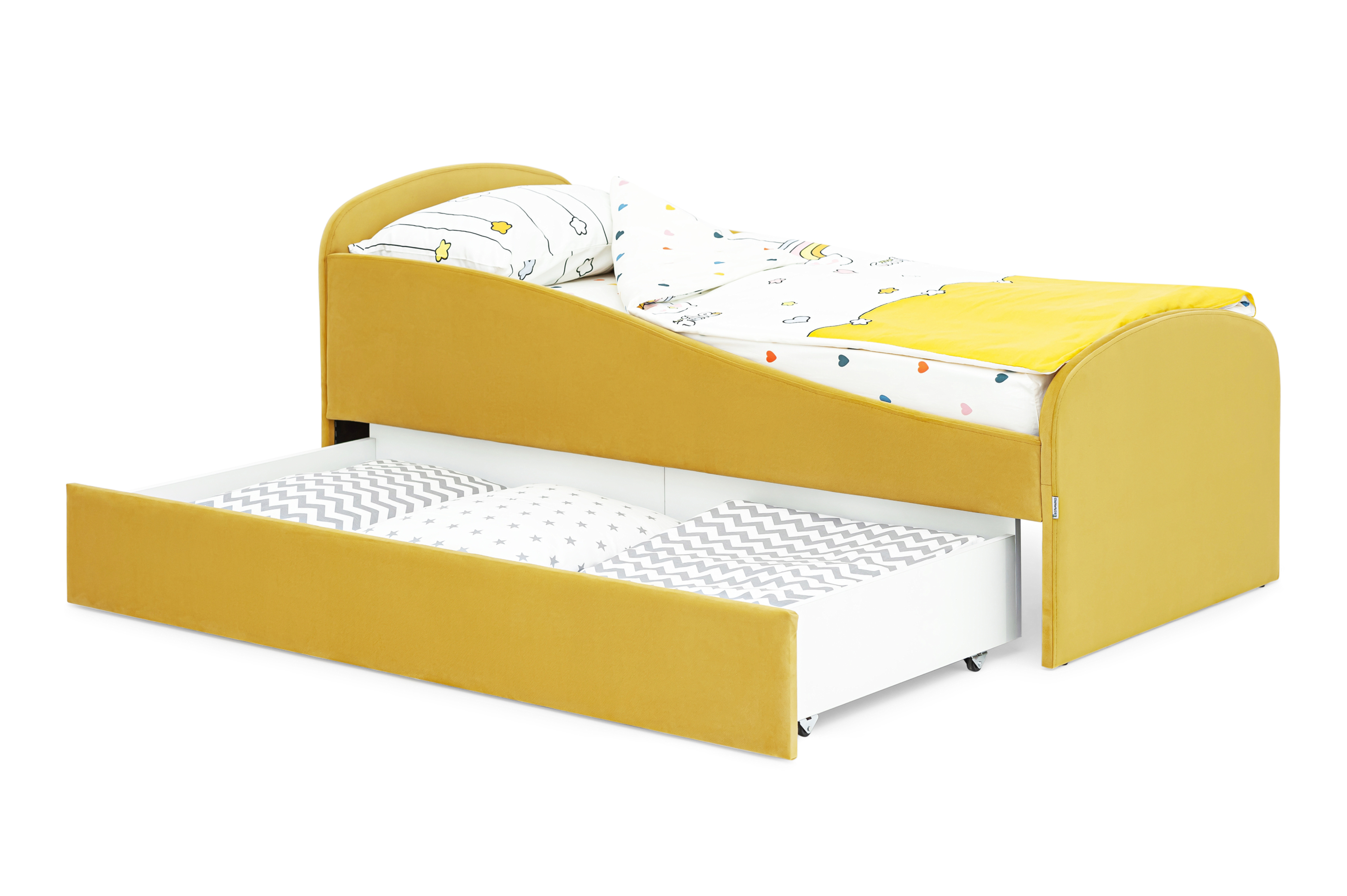 фото Детская мягкая кровать с ящиком бельмарко letmo горчичный велюр