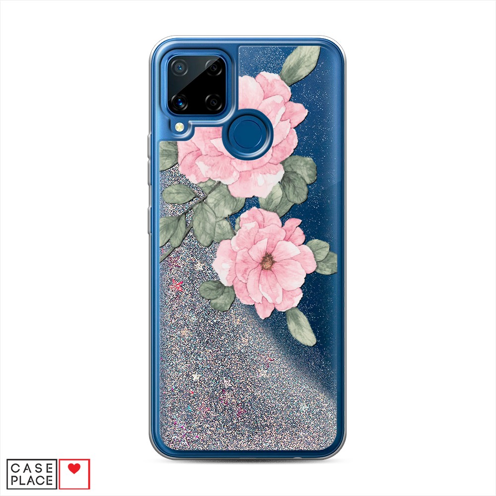 фото Жидкий чехол с блестками "акварельные розовые цветы" на realme c15 awog